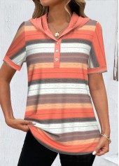 Orange Button Striped Short Sleeve Hooded T Shirt