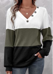 Olive Green Patchwork Long Sleeve V Neck Sweatshirt | thumb picture 