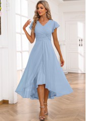 Light Blue Twist High Low Short Sleeve Dress