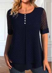 Navy Fake 2in1 Short Sleeve Round Neck Blouse