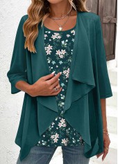 Blackish Green Fake 2in1 Floral Print Blouse