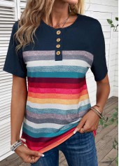 Navy Button Striped Short Sleeve T Shirt