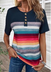Navy Button Striped Short Sleeve T Shirt