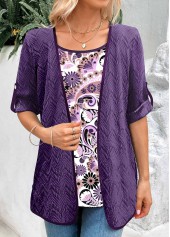 Dark Purple Fake 2in1 Paisley Print Blouse