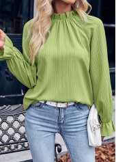 Avocado Green Ruched Long Sleeve Stand Collar Blouse | thumb picture 