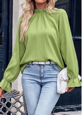 Avocado Green Ruched Long Sleeve Stand Collar Blouse | thumb picture 
