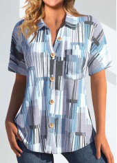 Light Blue Pocket Geometric Print Short Sleeve Blouse