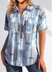 Light Blue Pocket Geometric Print Short Sleeve Blouse | thumb picture 