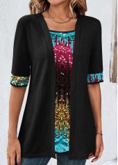 Black Short Sleeve Square Neck Fake Two Piece Twinset | thumb picture 