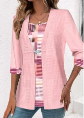 Pink Geometric Print 3/4 Sleeve Fake Two Piece Twinset | thumb picture 