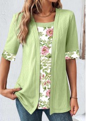 Avocado Green Patchwork Floral Print T Shirt | modlily.com - USD 32.98
