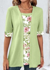 Avocado Green Patchwork Floral Print Fake Two Piece Twinset | thumb picture 