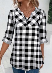 Black Button Plaid Three Quarter Length Sleeve Blouse