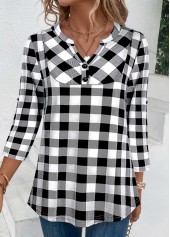 Black Button Plaid Three Quarter Length Sleeve Blouse | thumb picture 