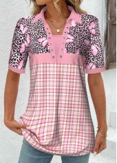 Light Pink Patchwork Plaid Short Sleeve Blouse | thumb picture 
