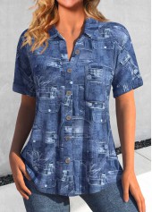 Denim Blue Pocket Short Sleeve Shirt Collar Blouse