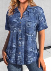 Denim Blue Pocket Short Sleeve Shirt Collar Blouse