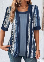 Navy Fake 2in1 Geometric Print T Shirt