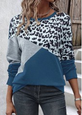 Dusty Blue Patchwork Leopard Long Sleeve Sweatshirt | thumb picture 