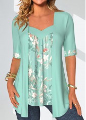 Mint Green Patchwork Floral Print Fake Two Piece Twinset