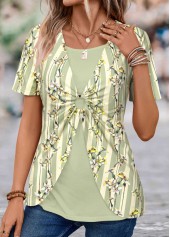 Light Green Patchwork Floral Print T Shirt