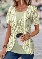 Light Green Patchwork Floral Print T Shirt