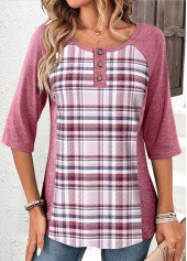 Pink Patchwork Button Plaid T Shirt