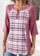 Pink Patchwork Button Plaid T Shirt | thumb picture 