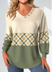 Light Yellow Patchwork Plaid Long Sleeve V Neck Sweatshirt