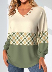 Light Yellow Patchwork Plaid Long Sleeve V Neck Sweatshirt | thumb picture 