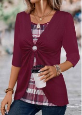 Wine Red Circular Ring Plaid T Shirt