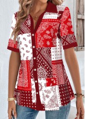 Plus Size Red Patchwork Short Sleeve Blouse | thumb picture 