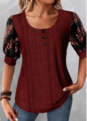 Wine Red Patchwork Leopard Half Sleeve Blouse