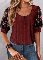 Wine Red Patchwork Leopard Half Sleeve Blouse | thumb picture 
