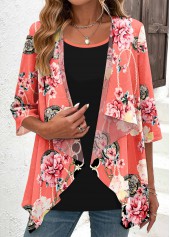 Peach Red Fake 2in1 Floral Print Blouse