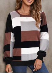 Dark Coffee Patchwork Geometric Print Long Sleeve Sweatshirt