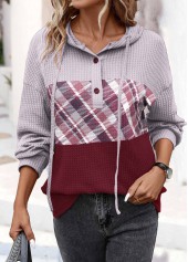 Wine Red Button Plaid Long Sleeve Hoodie | thumb picture 