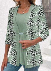 Sage Green Leopard 3/4 Sleeve Fake Two Piece Twinset