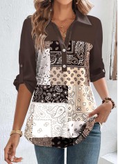 Dark Coffee Button Tribal Print Long Sleeve Blouse