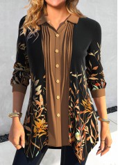 Black Fake 2in1 Leaf Print Long Sleeve Blouse