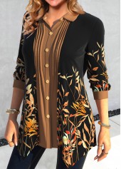 Black Fake 2in1 Leaf Print Long Sleeve Blouse | thumb picture 