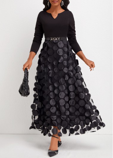 Modlily Black Patchwork Long Sleeve Split Neck Maxi Dress - L