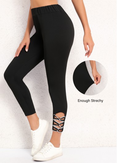 women clothes image of Black High Waisted Ankle Length Elastic Waist Leggings