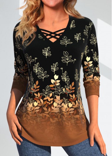 Modlily Dark Camel Criss Cross Leaf Print T Shirt - XL