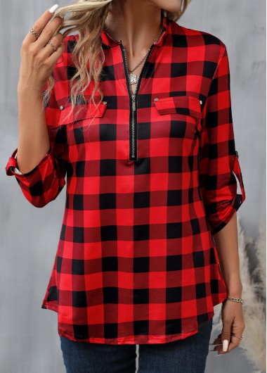 women clothes image of Red Zipper Plaid Long Sleeve High Neck Blouse