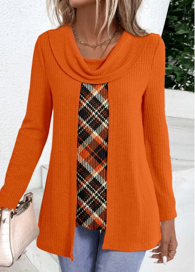 Modlily Plus Size Orange Fake 2in1 Plaid T Shirt - 2X