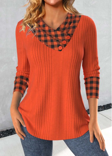 Modlily Brick Red Patchwork Plaid Long Sleeve Sweatshirt - XL