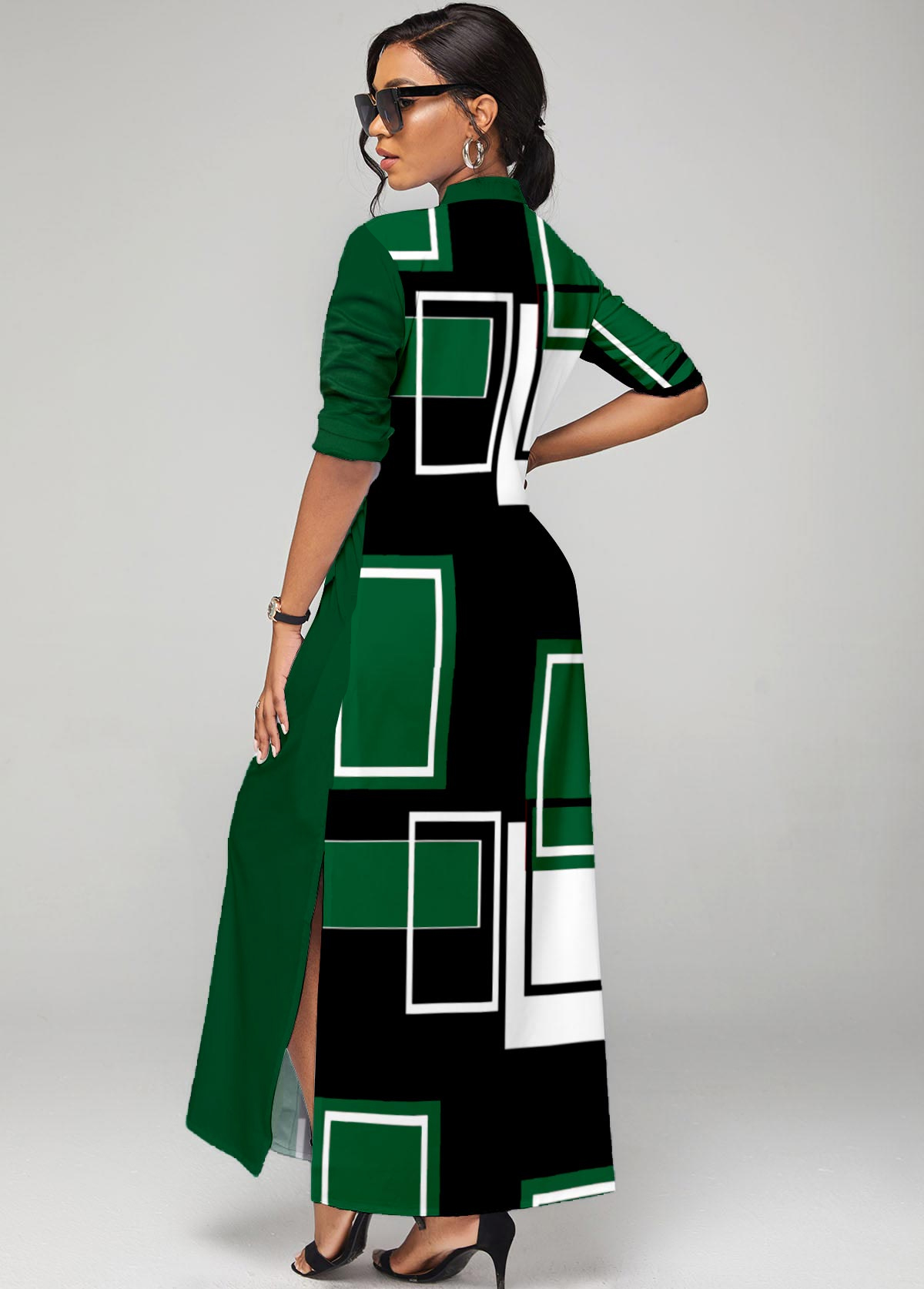 Green Split Neck Geometric Print Button Up Dress