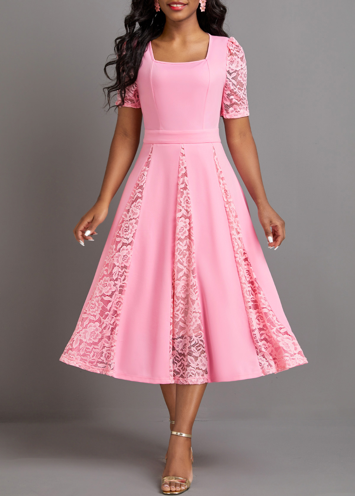 Pink Patchwork Half Sleeve Square Neck Dress