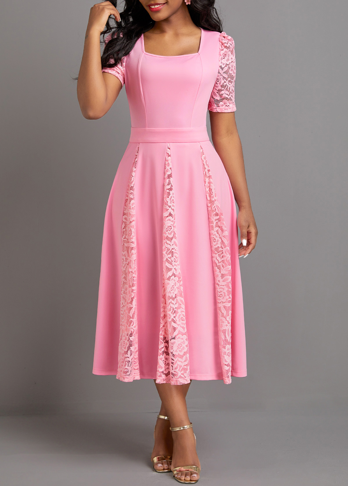 Pink Patchwork Half Sleeve Square Neck Dress